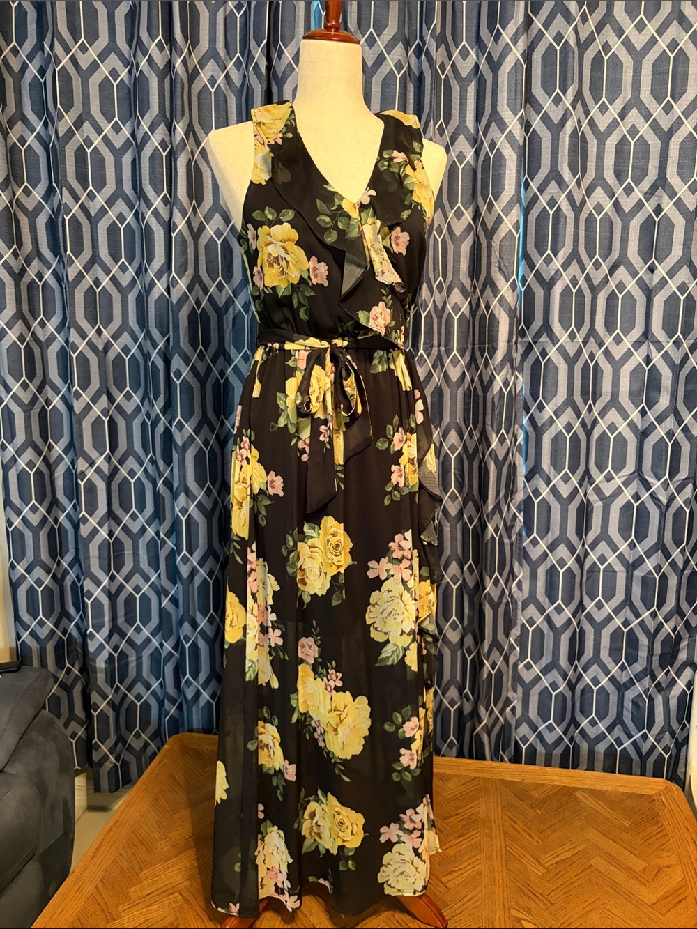 Disney Black Floral Maxi Dress with Yellow Rose Print